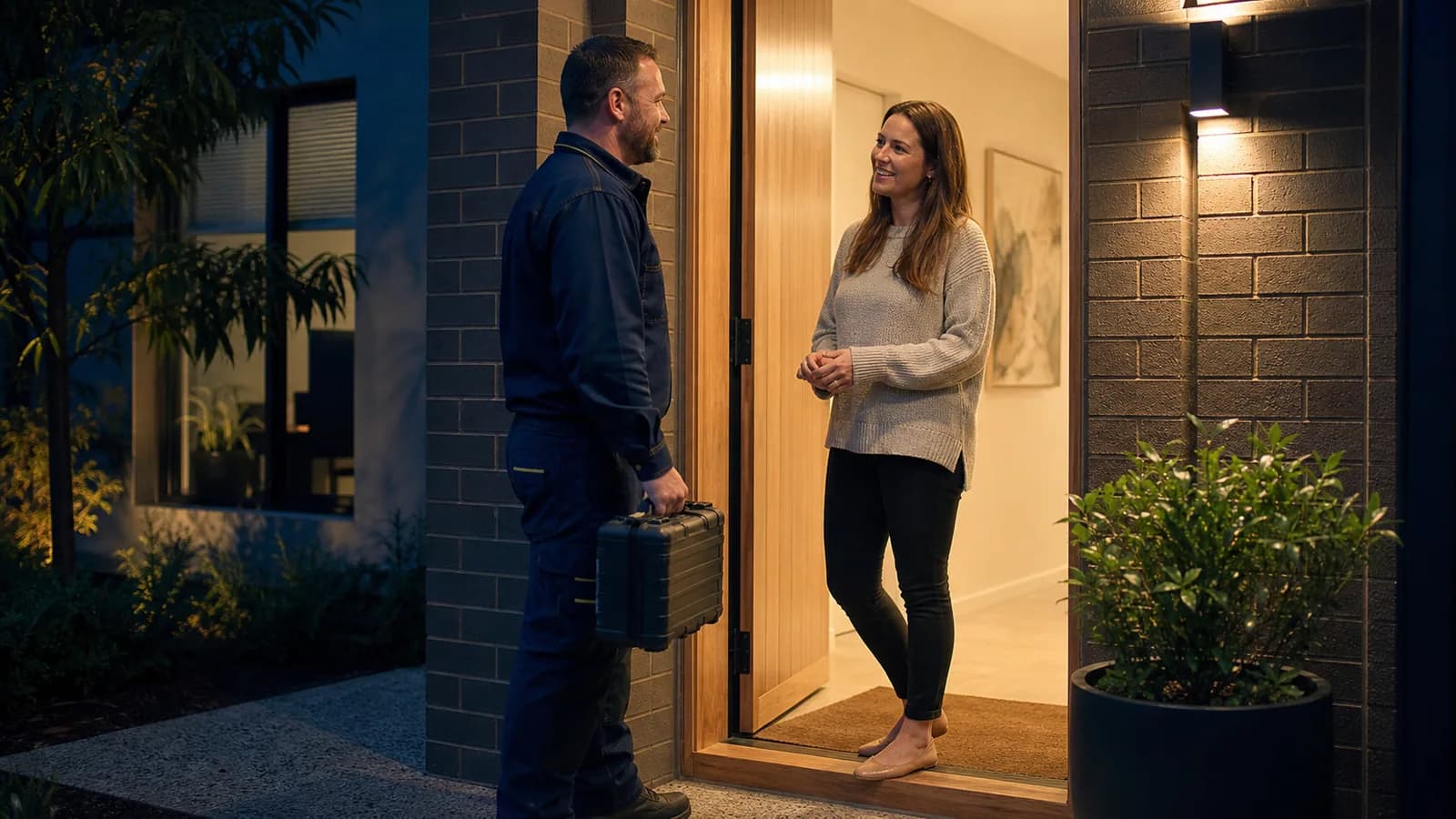 Emergency locksmith arriving at a residential property
